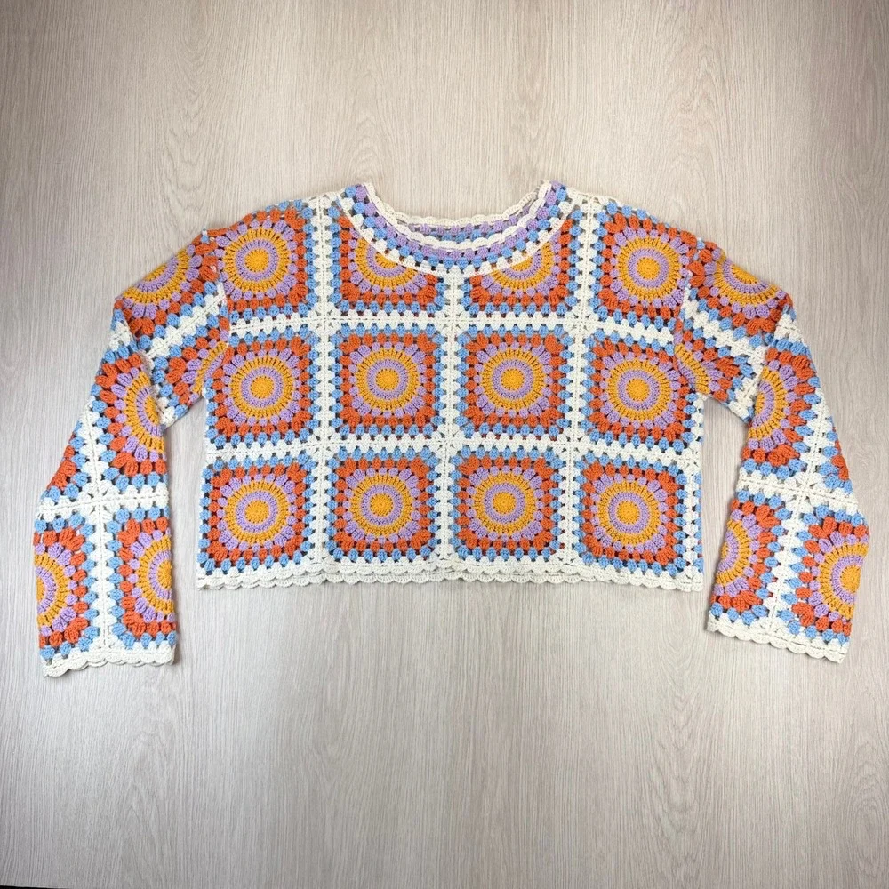 Sincerely Jules Women‎ Crochet Granny Square Crop Sweater Multi Color Boho Small
